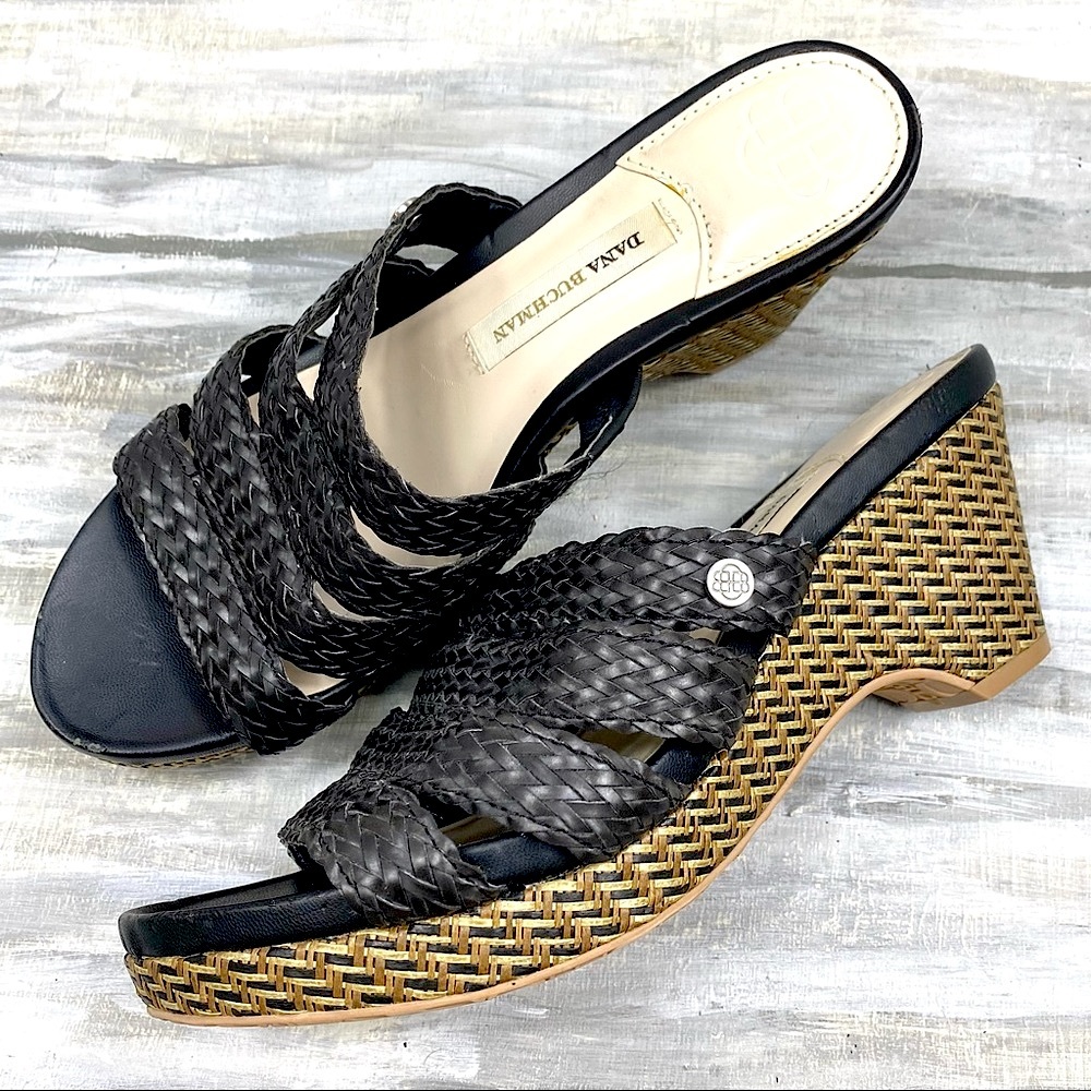 Dana Buchman Black Woven Strap Open-Toe Wedge Sandal Billy Slip-On Slide Heels